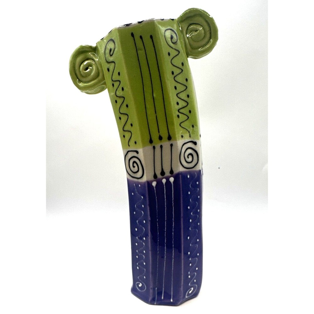 Signed Hand Painted Ceramic Vase Abstract Green Blue White Black Glossy